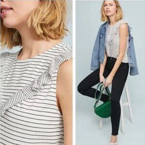 Maeve Anthropologie Kamala Striped Ruffle Tank, White with Black, Size L